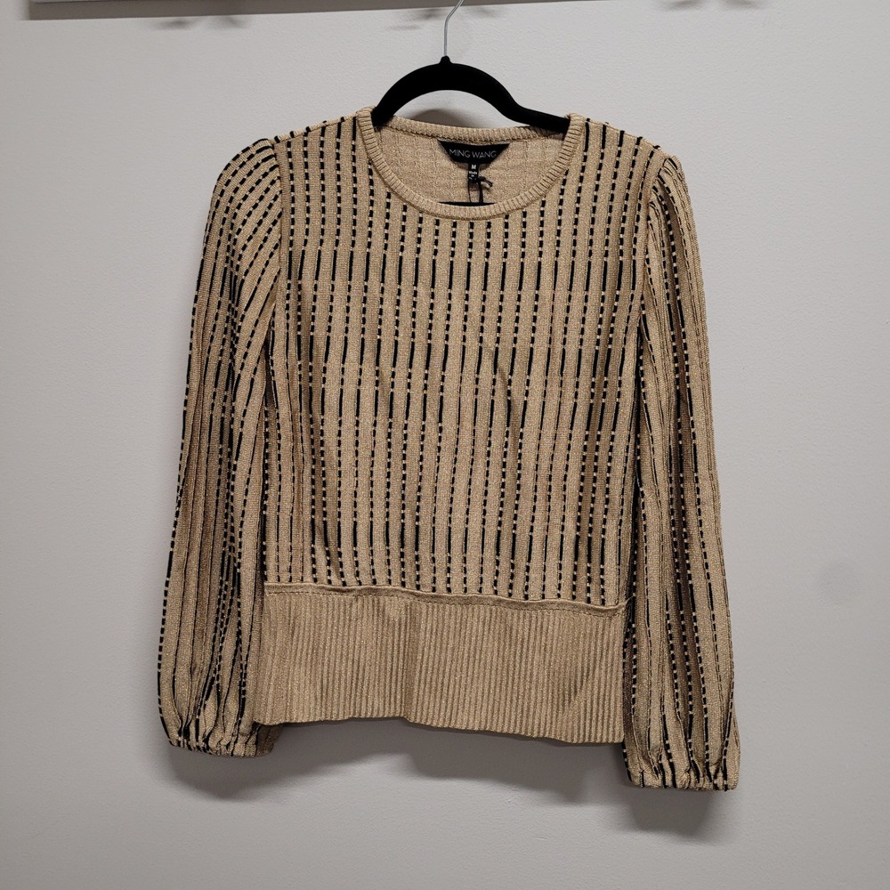 Ming Wang Tanya Foster Gold Metallic Black Stripe Knit Top M11584F Womens Medium